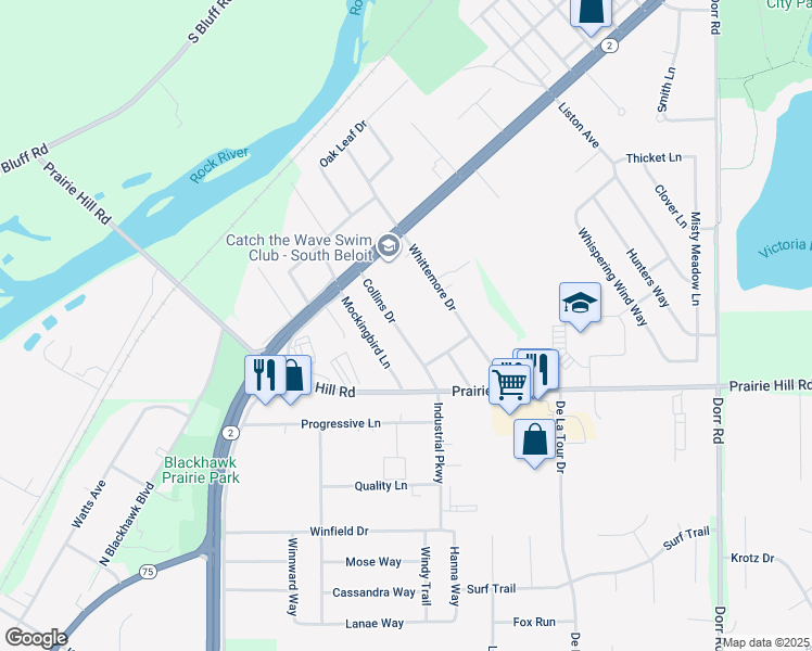map of restaurants, bars, coffee shops, grocery stores, and more near 447 Collins Drive in South Beloit