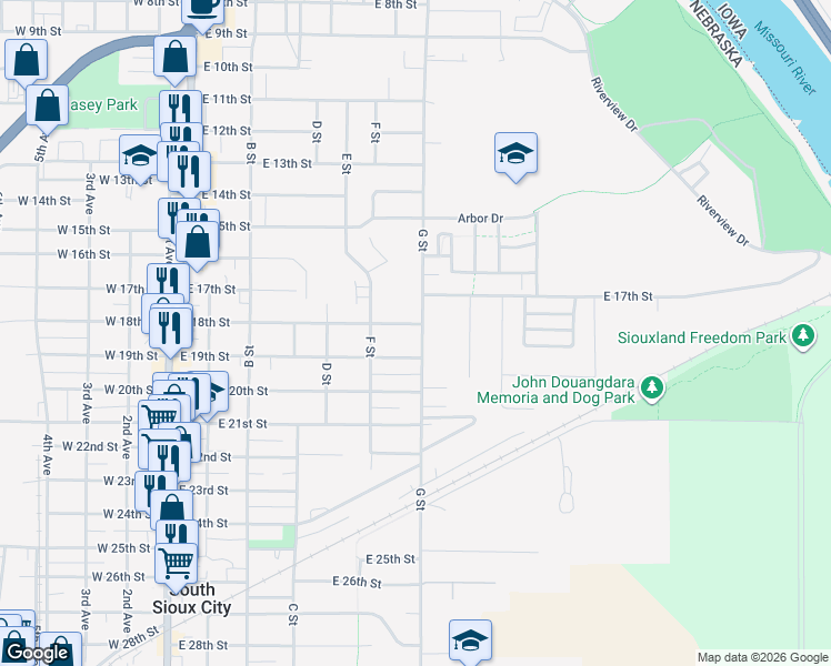 map of restaurants, bars, coffee shops, grocery stores, and more near 624 East 18th Street in South Sioux City