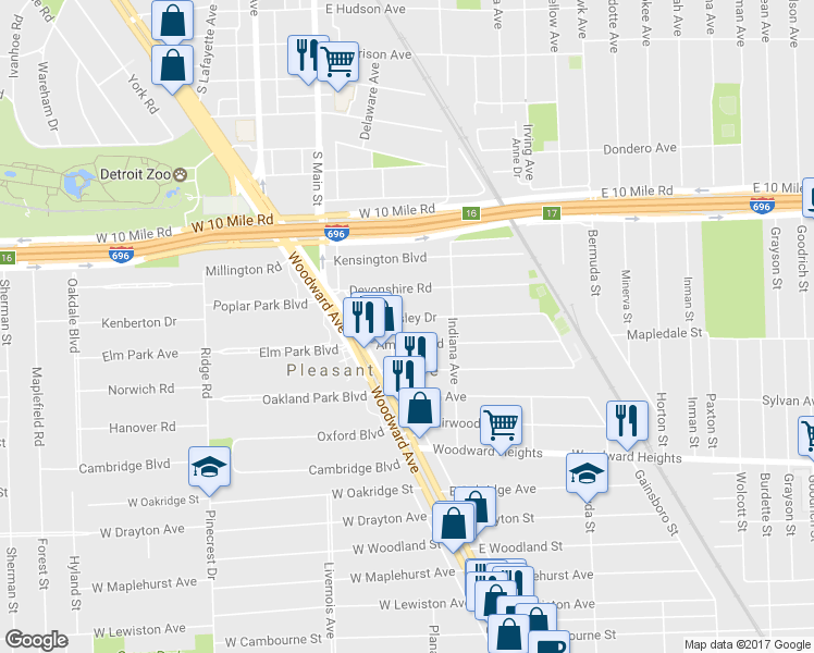 map of restaurants, bars, coffee shops, grocery stores, and more near 20 Wellesley Drive in Pleasant Ridge