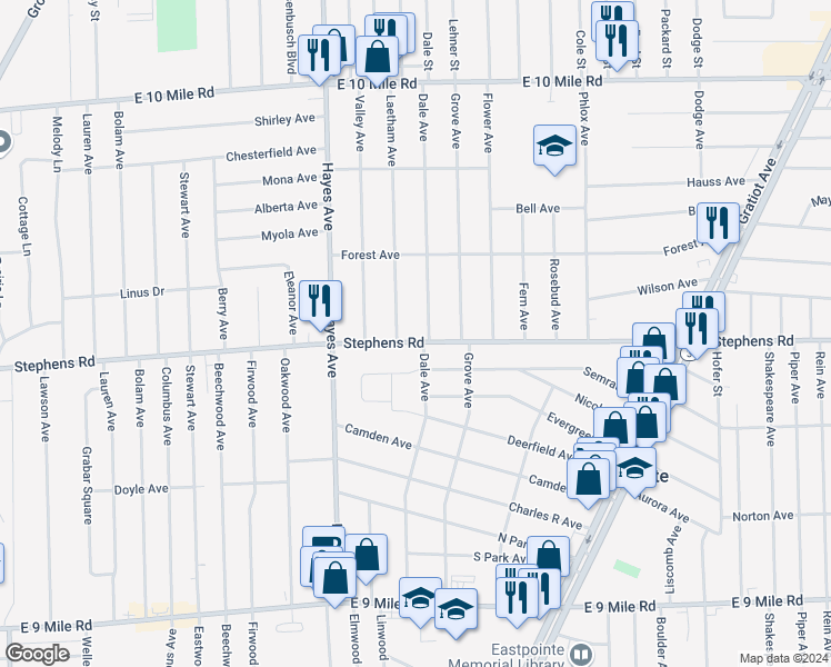 map of restaurants, bars, coffee shops, grocery stores, and more near 15227 Stephens Drive in Eastpointe
