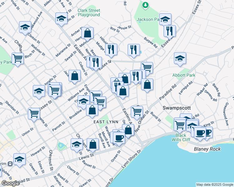 map of restaurants, bars, coffee shops, grocery stores, and more near 161 Eastern Avenue in Lynn