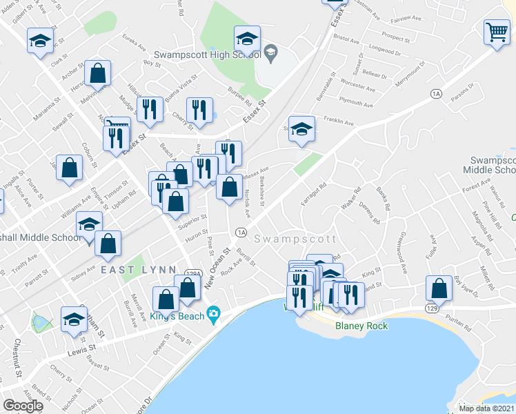 map of restaurants, bars, coffee shops, grocery stores, and more near 10 Berkshire Street in Swampscott