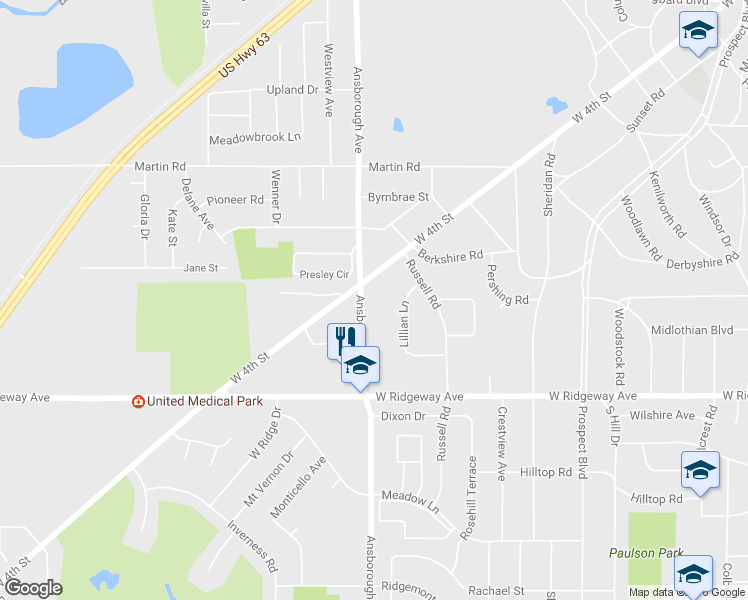 map of restaurants, bars, coffee shops, grocery stores, and more near 2817 Ansborough Avenue in Waterloo