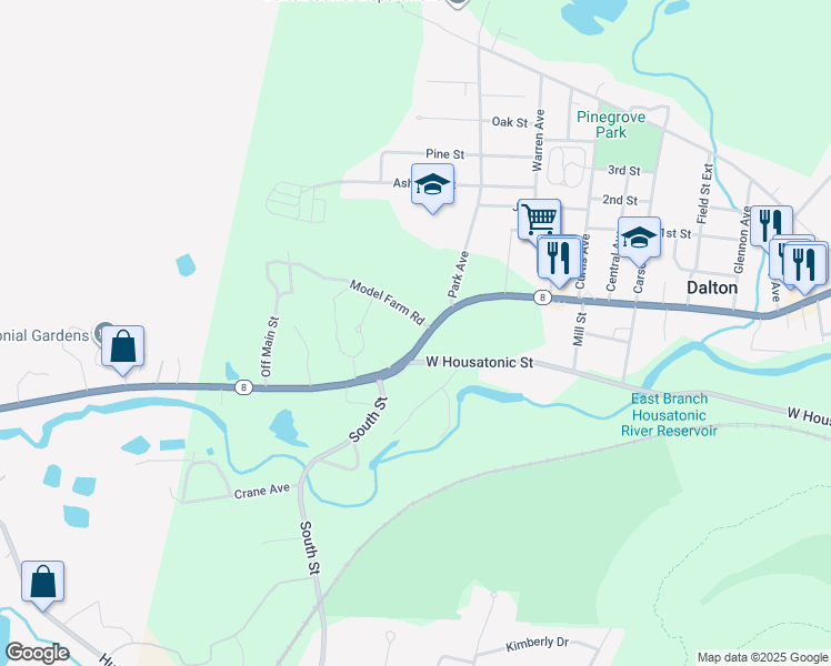 map of restaurants, bars, coffee shops, grocery stores, and more near 247 Main St in Dalton