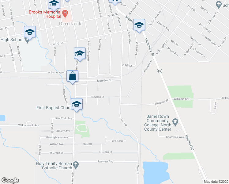 map of restaurants, bars, coffee shops, grocery stores, and more near 74 Newton Street in Dunkirk