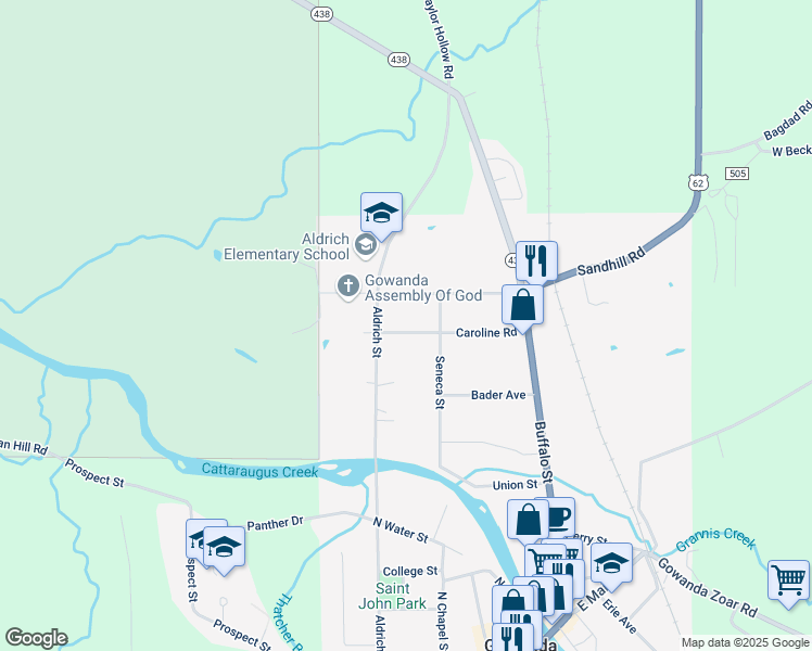 map of restaurants, bars, coffee shops, grocery stores, and more near 141 Caroline Rd in Gowanda
