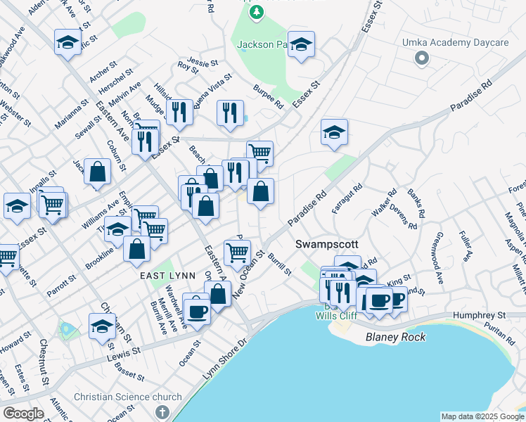 map of restaurants, bars, coffee shops, grocery stores, and more near 165 Burrill Street in Swampscott