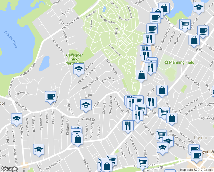 map of restaurants, bars, coffee shops, grocery stores, and more near 35 Lovers Leap Avenue in Lynn