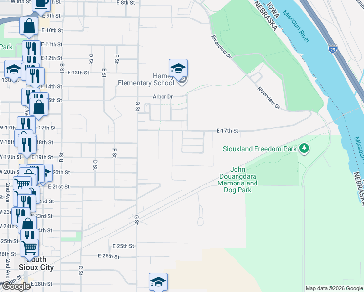 map of restaurants, bars, coffee shops, grocery stores, and more near 1922 Missouri View Lane in South Sioux City