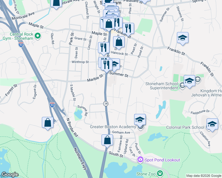 map of restaurants, bars, coffee shops, grocery stores, and more near 15 Middlesex Rd in Stoneham