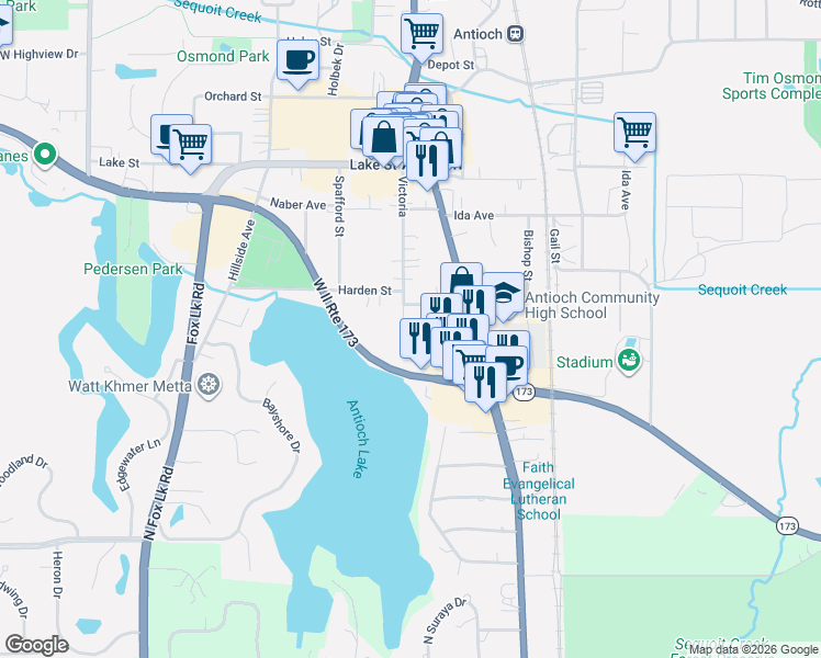 map of restaurants, bars, coffee shops, grocery stores, and more near 1100 Victoria in Antioch