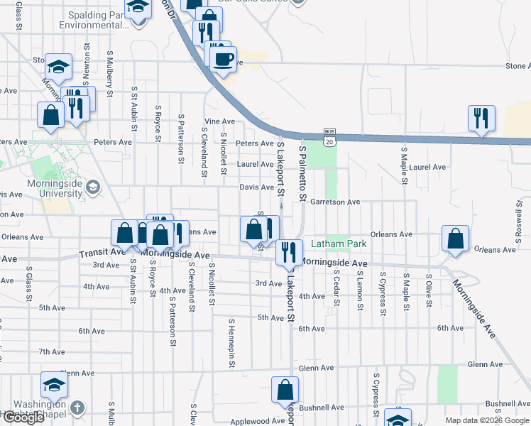 map of restaurants, bars, coffee shops, grocery stores, and more near 1732 South Clinton Street in Sioux City