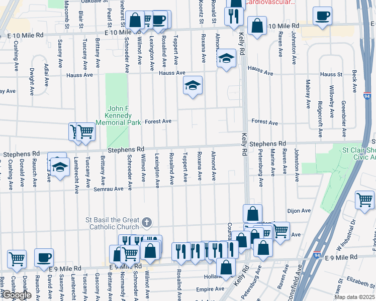 map of restaurants, bars, coffee shops, grocery stores, and more near 18332 Stephens Road in Eastpointe