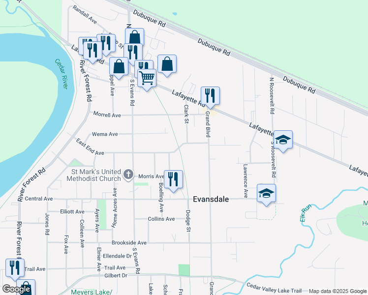map of restaurants, bars, coffee shops, grocery stores, and more near 902 East End Avenue in Evansdale