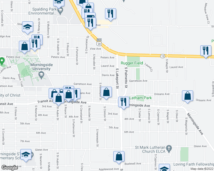 map of restaurants, bars, coffee shops, grocery stores, and more near 1733 South Clinton Street in Sioux City