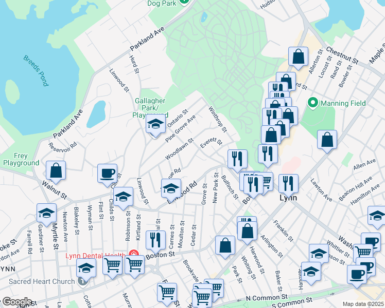 map of restaurants, bars, coffee shops, grocery stores, and more near 146 Bellevue Road in Lynn