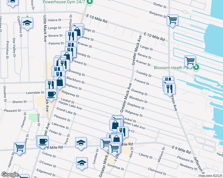 map of restaurants, bars, coffee shops, grocery stores, and more near 22019 Blackburn Street in Saint Clair Shores