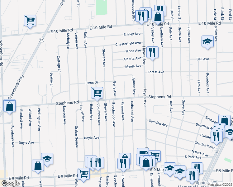 map of restaurants, bars, coffee shops, grocery stores, and more near 24074 Berry Avenue in Warren