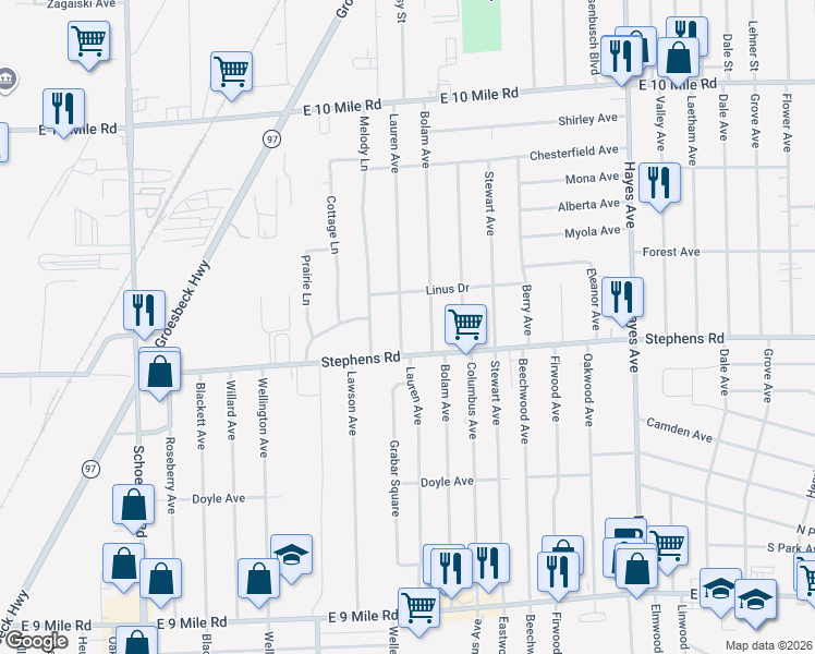 map of restaurants, bars, coffee shops, grocery stores, and more near 24232 Lauren Avenue in Warren