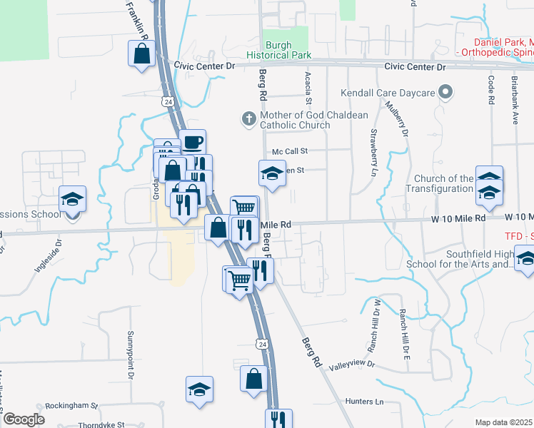 map of restaurants, bars, coffee shops, grocery stores, and more near 25000 Berg Road in Southfield