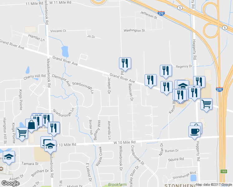 map of restaurants, bars, coffee shops, grocery stores, and more near 24829 Willowbrook Drive in Novi