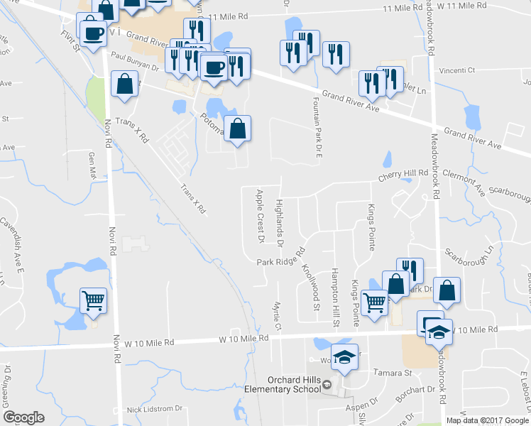 map of restaurants, bars, coffee shops, grocery stores, and more near 24814 Apple Crest Drive in Novi