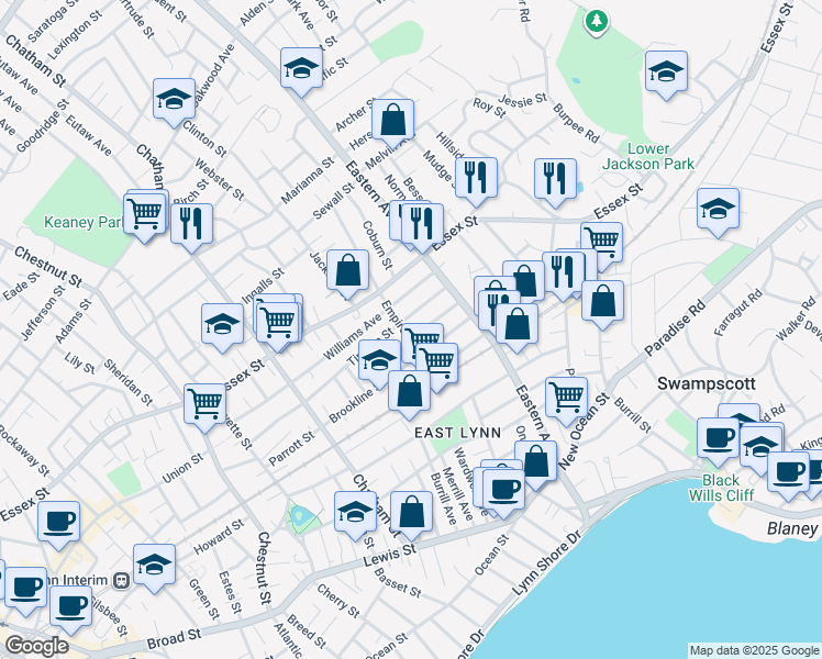 map of restaurants, bars, coffee shops, grocery stores, and more near 31 Empire Street in Lynn
