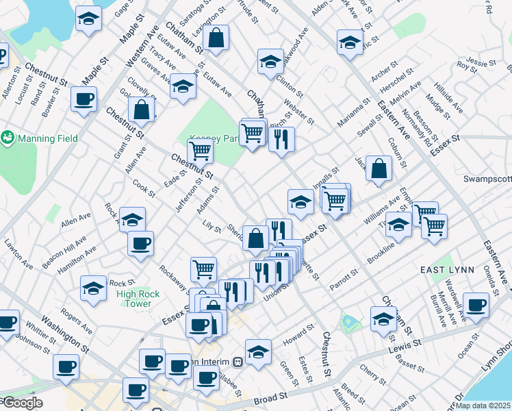 map of restaurants, bars, coffee shops, grocery stores, and more near in Lynn