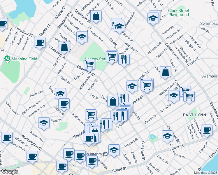 map of restaurants, bars, coffee shops, grocery stores, and more near in Lynn