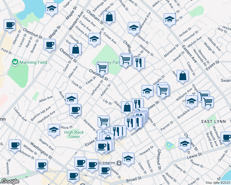 map of restaurants, bars, coffee shops, grocery stores, and more near 18 Adams Court in Lynn