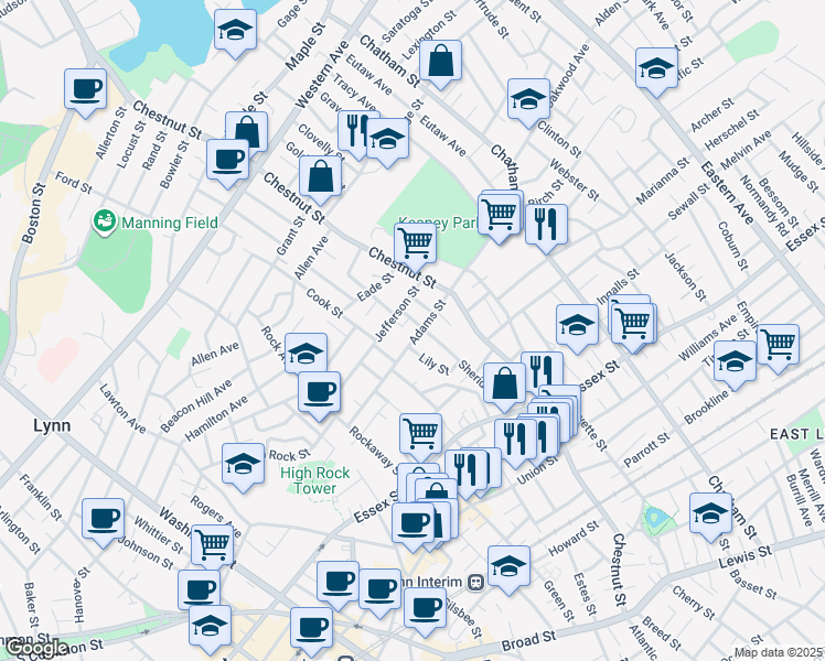 map of restaurants, bars, coffee shops, grocery stores, and more near 42 Adams Street in Lynn