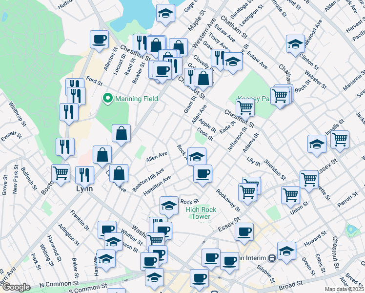 map of restaurants, bars, coffee shops, grocery stores, and more near 55 Rock Avenue in Lynn