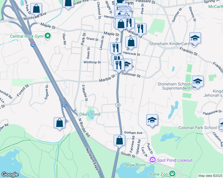 map of restaurants, bars, coffee shops, grocery stores, and more near 521 Main Street in Stoneham