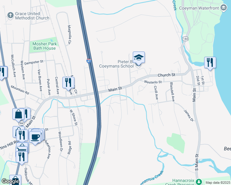 map of restaurants, bars, coffee shops, grocery stores, and more near 32 Main Street in Ravena