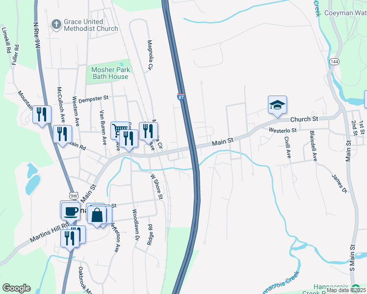 map of restaurants, bars, coffee shops, grocery stores, and more near 95 Main Street in Ravena