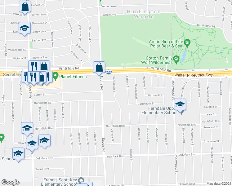 map of restaurants, bars, coffee shops, grocery stores, and more near 24642 Rensselaer Street in Oak Park