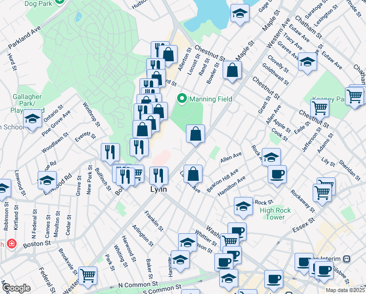 map of restaurants, bars, coffee shops, grocery stores, and more near 1 Bickerton Street in Lynn