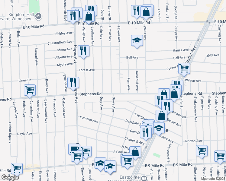 map of restaurants, bars, coffee shops, grocery stores, and more near 15381 Stephens in Eastpointe