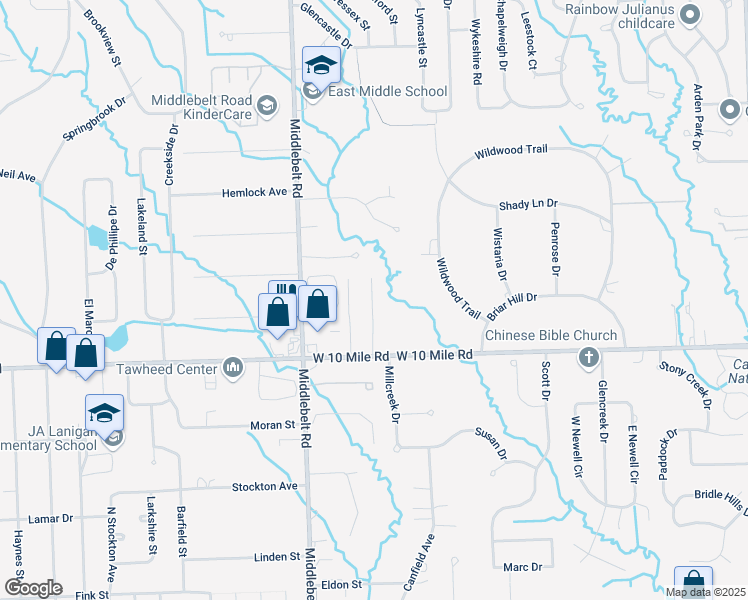 map of restaurants, bars, coffee shops, grocery stores, and more near 29250 West 10 Mile Road in Farmington Hills