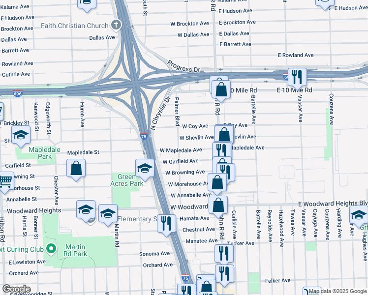 map of restaurants, bars, coffee shops, grocery stores, and more near 158 West Mapledale Avenue in Hazel Park