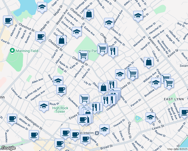 map of restaurants, bars, coffee shops, grocery stores, and more near 18 Adams Court in Lynn