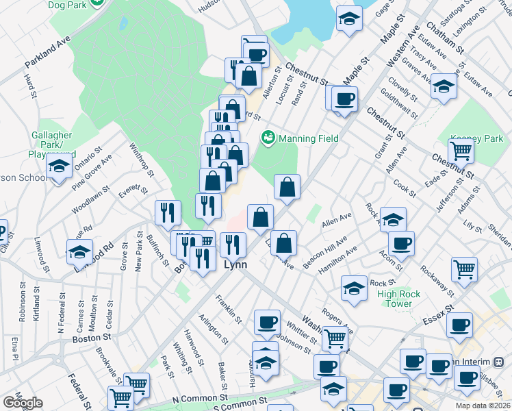 map of restaurants, bars, coffee shops, grocery stores, and more near 2 Bickerton Street in Lynn