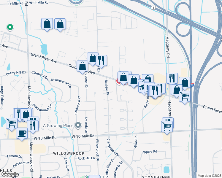 map of restaurants, bars, coffee shops, grocery stores, and more near 24770 Bashian Drive in Novi