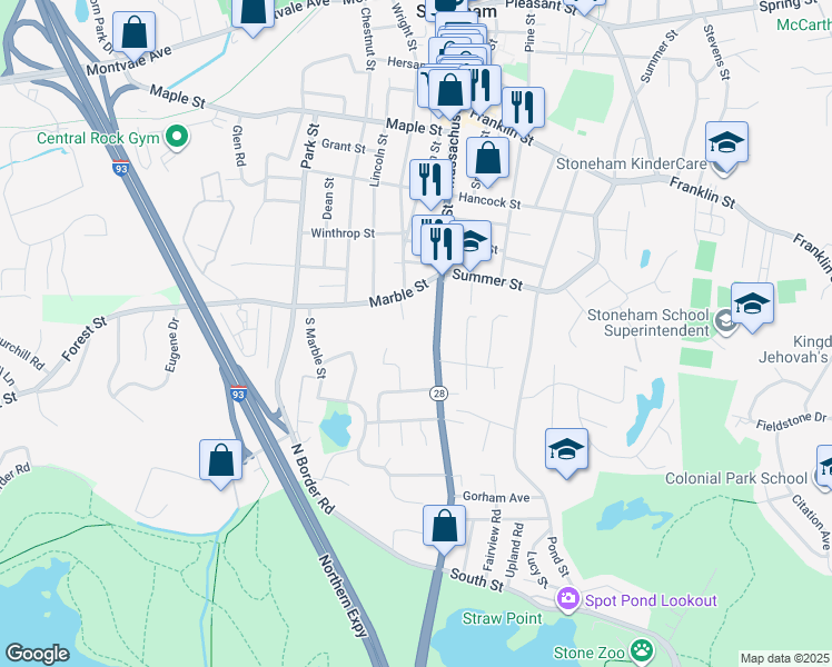 map of restaurants, bars, coffee shops, grocery stores, and more near 521 Main Street in Stoneham