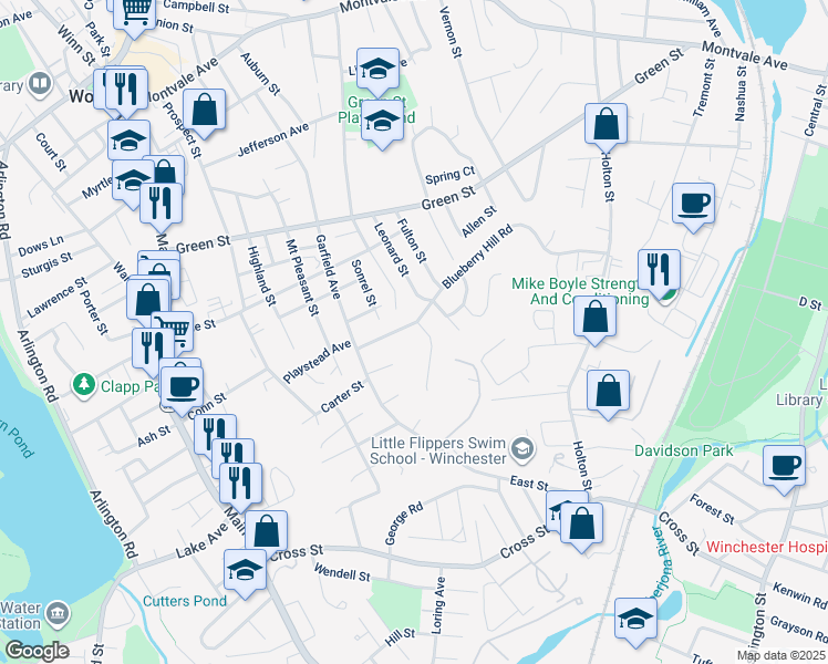 map of restaurants, bars, coffee shops, grocery stores, and more near 13 Blueberry Hill Road in Woburn