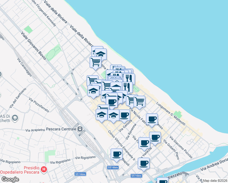 map of restaurants, bars, coffee shops, grocery stores, and more near 217 Via Nicola Fabrizi in Pescara