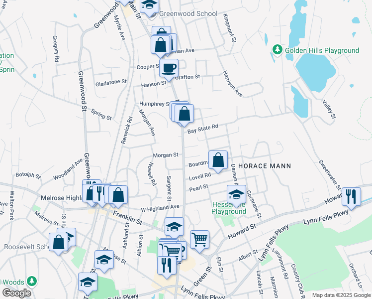 map of restaurants, bars, coffee shops, grocery stores, and more near 1111 Main Street in Melrose