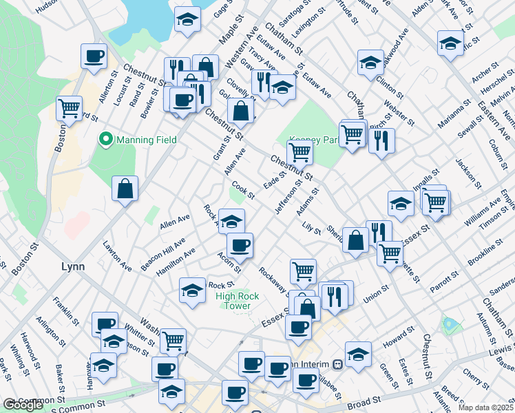 map of restaurants, bars, coffee shops, grocery stores, and more near 5 Hollingsworth Street in Lynn