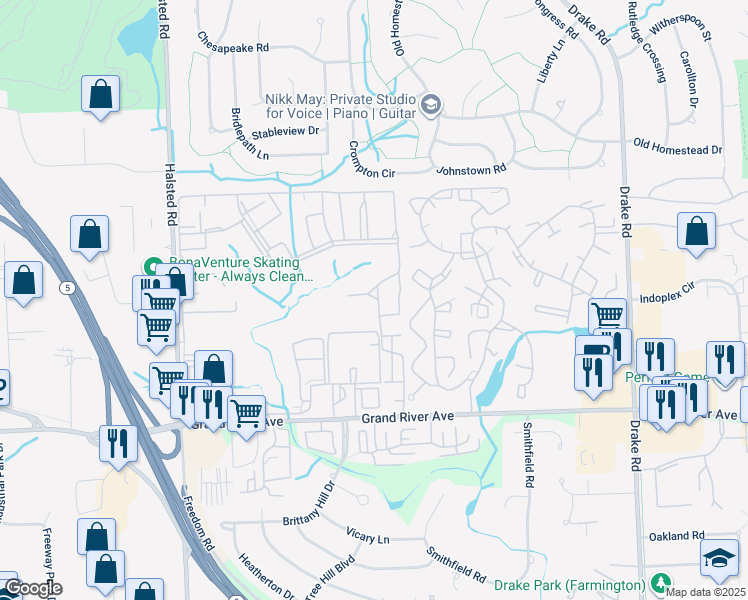map of restaurants, bars, coffee shops, grocery stores, and more near 24507 Martel Drive in Farmington Hills