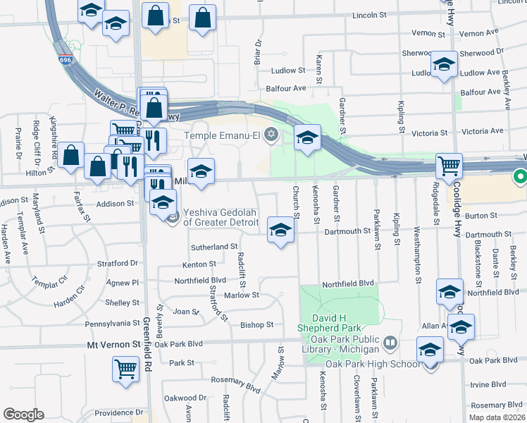 map of restaurants, bars, coffee shops, grocery stores, and more near 24650 Radclift Street in Oak Park
